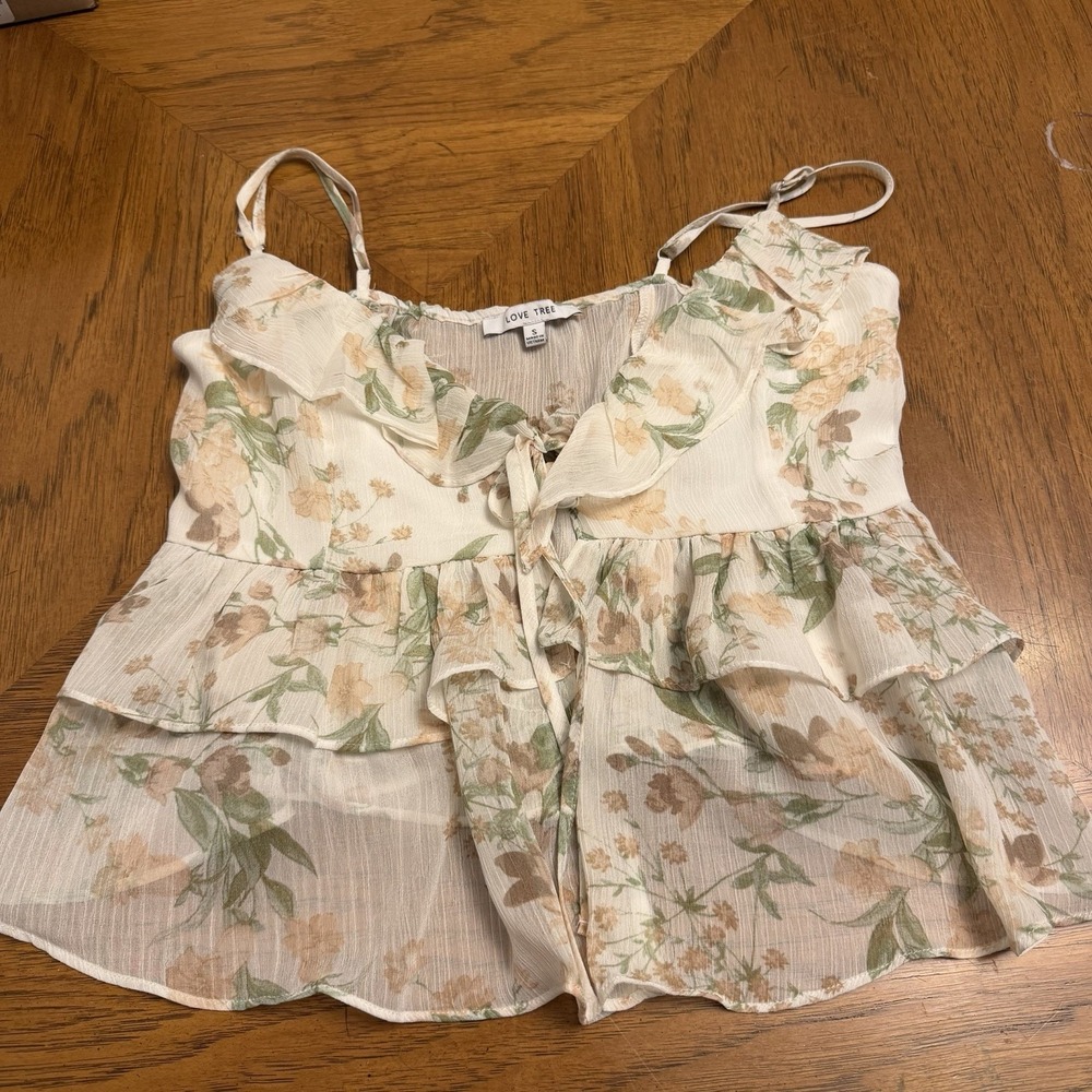 Love Tree Floral Ruffle Peplum Cami Tank Top large Tie Front Cottagecore‎
